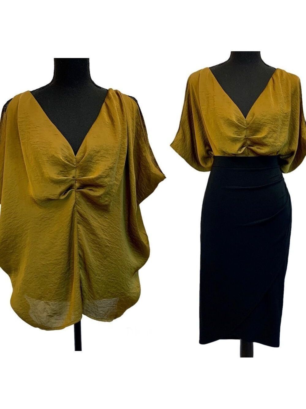 OXMO mustard khaki green V neck web sleeve blouse Sz M